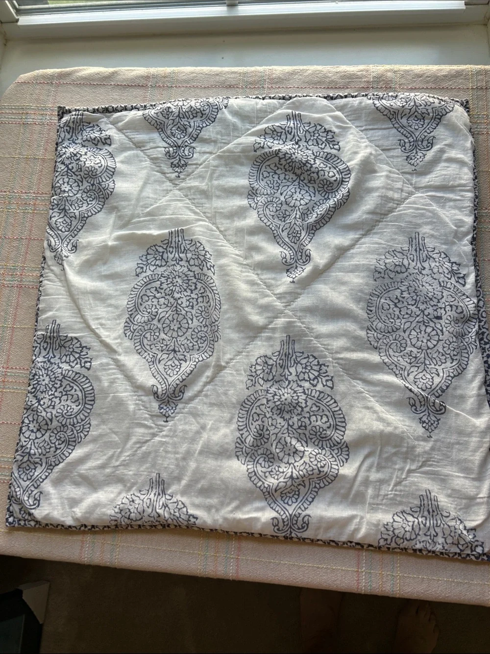 West Elm Quilted Euro Sham Pillow Cover Medallion Block Print Blue & White